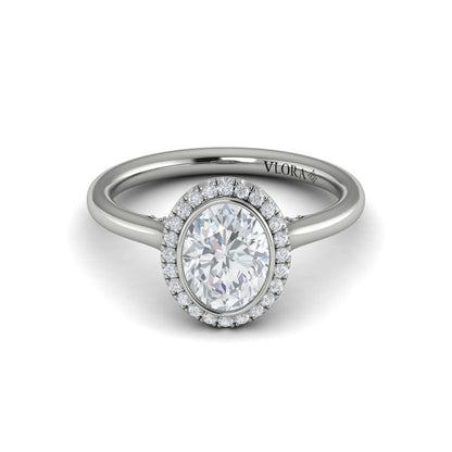 Oval Halo, Bezel Engagement Ring in Platinum by Vlora Bridal