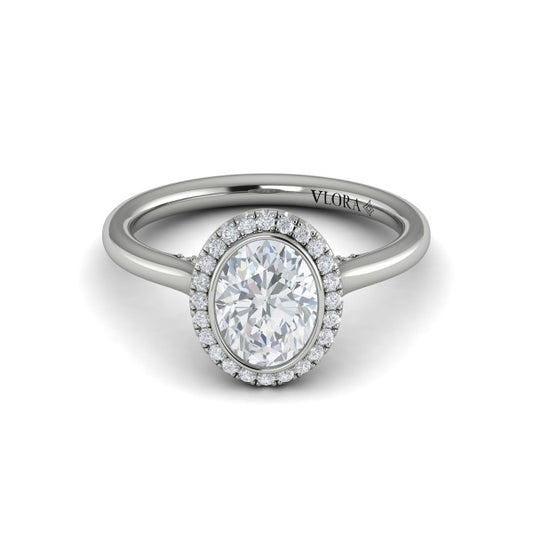 Oval Halo, Bezel Engagement Ring in Platinum by Vlora Bridal