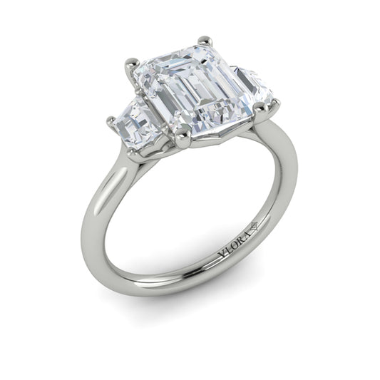 Emerald Cut Three Stone Engagement Ring in Platinum by Vlora Bridal