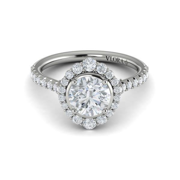 Round Halo, Bezel Engagement Ring in Platinum by Vlora Bridal