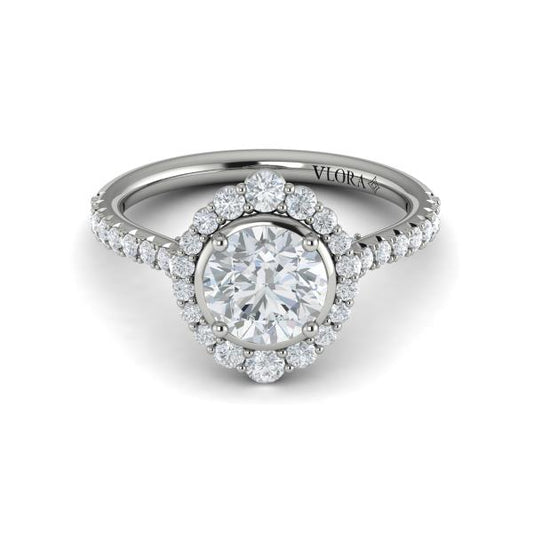 Round Halo, Bezel Engagement Ring in Platinum by Vlora Bridal