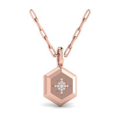 Center Starburst Diamond and Bezel Hexagon Pendant Necklace