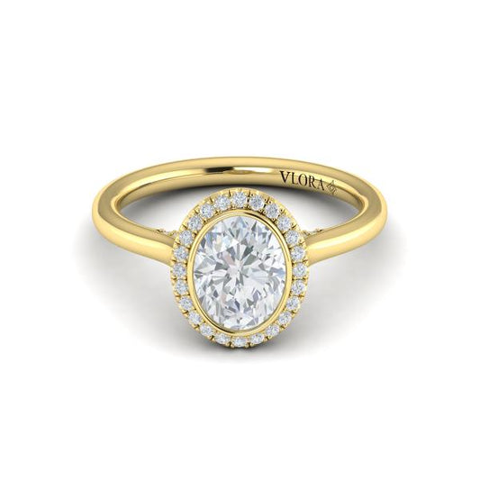 Oval Halo, Bezel Engagement Ring in 14K Yellow Gold by Vlora Bridal