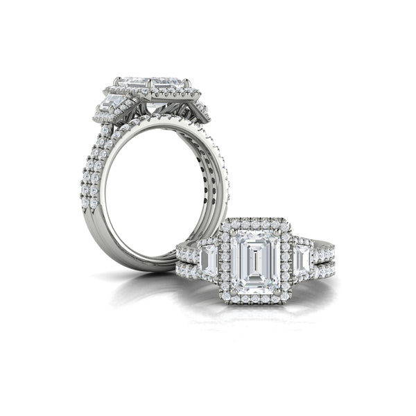 Trio Emerald Cut Halo Engagement Ring