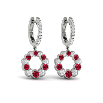Round Bezel Set Diamond and Ruby Circle Drop Earring