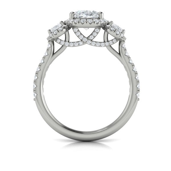 Oval Three Stone, Halo Engagement Ring in Platinum by Vlora Bridal