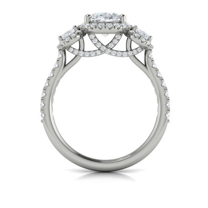 Oval Three Stone, Halo Engagement Ring in Platinum by Vlora Bridal