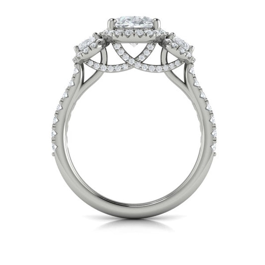 Oval Three Stone, Halo Engagement Ring in Platinum by Vlora Bridal