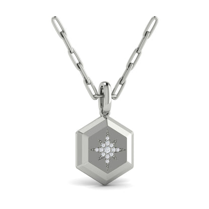 Center Starburst Diamond and Bezel Hexagon Pendant Necklace