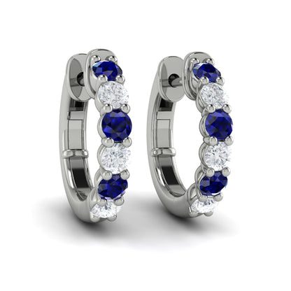 Forward-facing Diamond and Blue Sapphire  Open Hoop Earrings