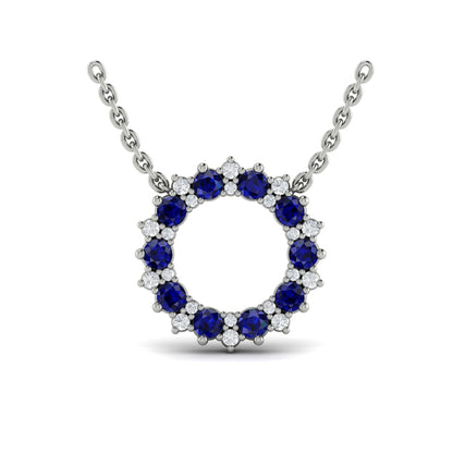 Diamond and Blue Sapphire Open Starburst Circle Pendant Necklace