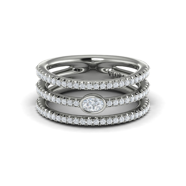 Diamond Open Three Row and Oval Centerstone  Ring