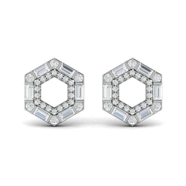 Diamond Baguette Double Row Open Honeycomb Stud Earrings