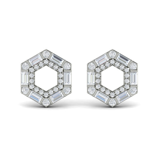 Diamond Baguette Double Row Open Honeycomb Stud Earrings