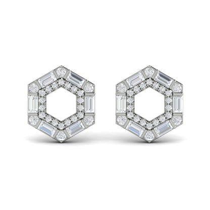 Diamond Baguette Double Row Open Honeycomb Stud Earrings