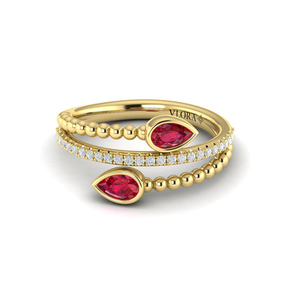 Double Pear Shaped Ruby and Diamond Wrap Ring