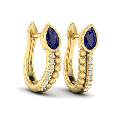 Pear Shaped Bezel Set Sapphire and Diamond Huggie Earrings