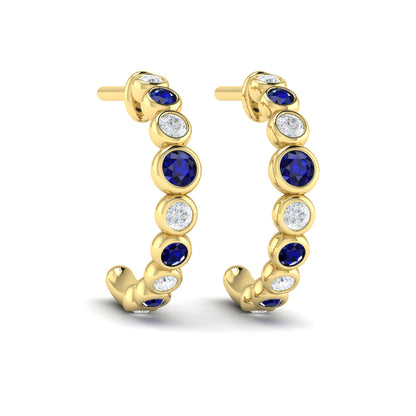 Round Bezel Set Diamond and Sapphire Circle Hoop Earring