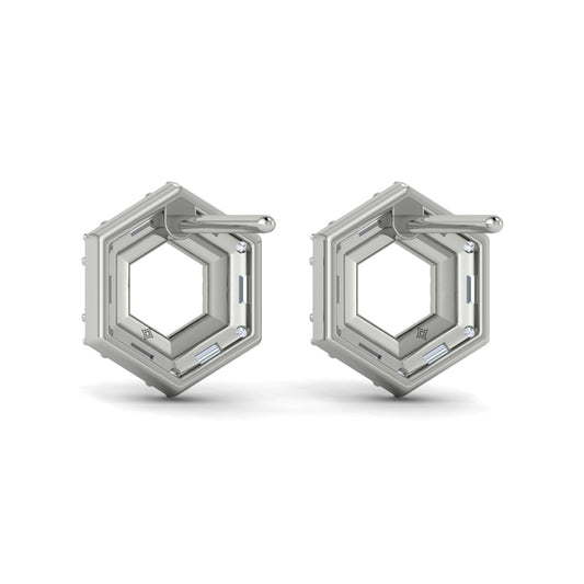 Diamond Baguette Double Row Open Honeycomb Stud Earrings