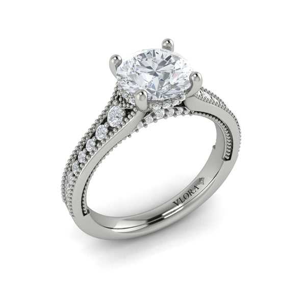Round Classic, Modern Vintage Engagement Ring in Platinum by Vlora Bridal