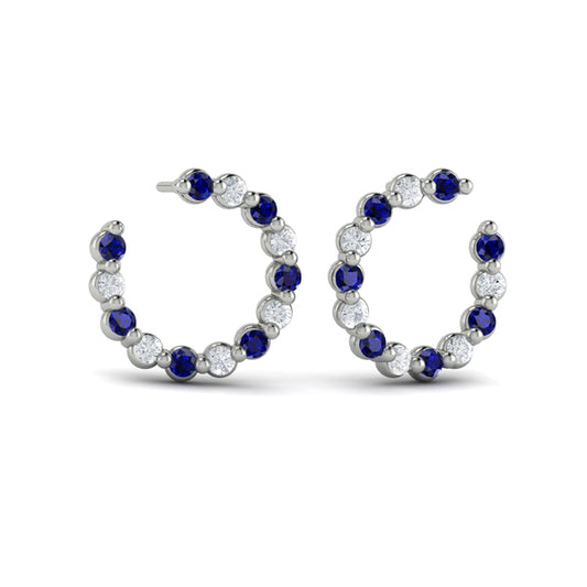 Forward-facing Diamond and Blue Sapphire  Open Hoop Earrings
