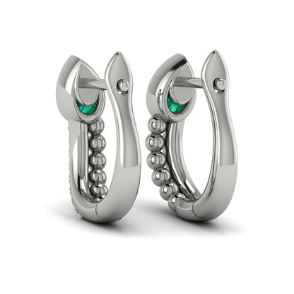Pear Shaped Bezel Set Emerald and Diamond Huggie Earrings
