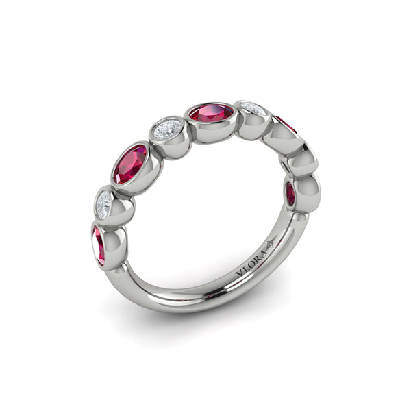 Oval and Round Bezel Set Diamond and Ruby Ring