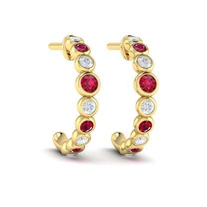 Round Bezel Set Diamond and Ruby Circle Hoop Earring