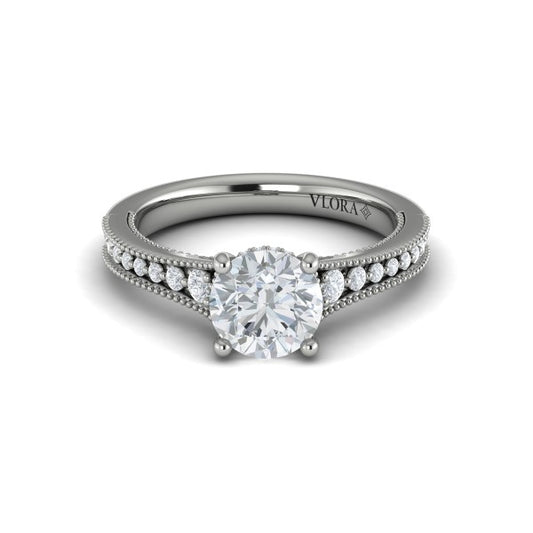 Round Classic, Modern Vintage Engagement Ring in Platinum by Vlora Bridal
