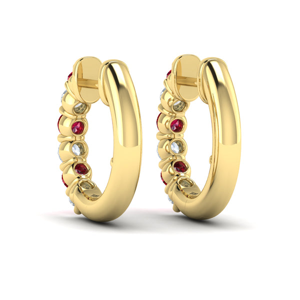 Forward-facing Diamond and Ruby  Open Hoop Earrings