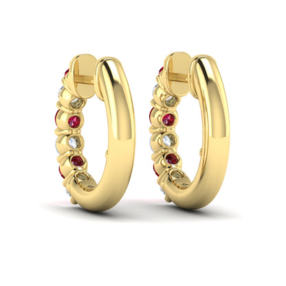 Forward-facing Diamond and Ruby  Open Hoop Earrings