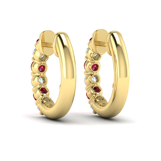 Forward-facing Diamond and Ruby  Open Hoop Earrings