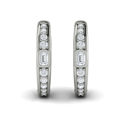 Bezel Set Emerald and Round Diamond Hoop Earrings