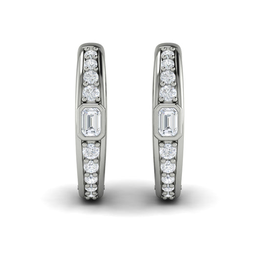 Bezel Set Emerald and Round Diamond Hoop Earrings