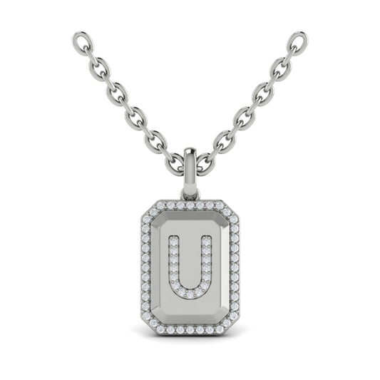 Diamond Medallion Alphabet Pendant Link Necklace, U
