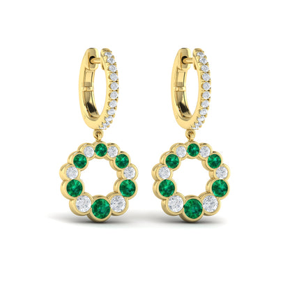 Round Bezel Set Diamond and Emerald Circle Drop Earring