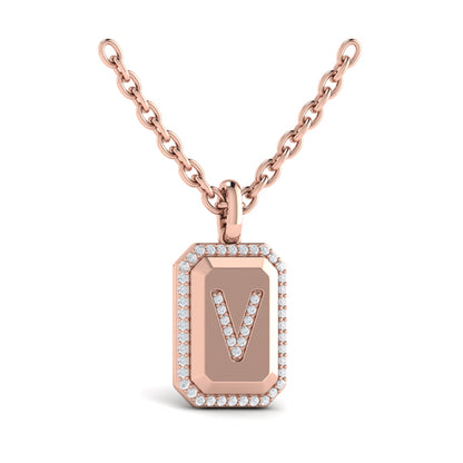 Diamond Medallion Alphabet Pendant Link Necklace, V