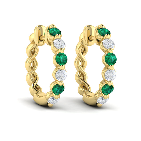Diamond and Emerald  Twist Hoop Earrings