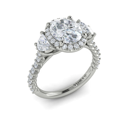 Oval Three Stone, Halo Engagement Ring in Platinum by Vlora Bridal