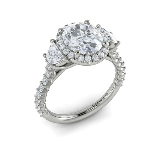 Oval Three Stone, Halo Engagement Ring in Platinum by Vlora Bridal