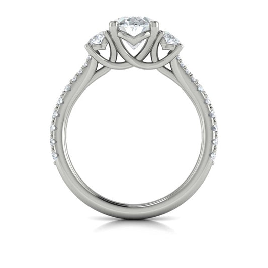 Oval Three Stone, Split Shank Engagement Ring in Platinum by Vlora Bridal