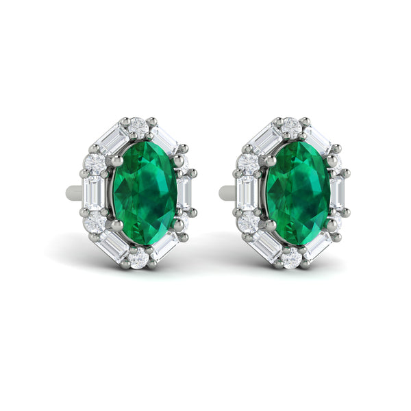 Oval Emerald and Diamond Baguette Earrings