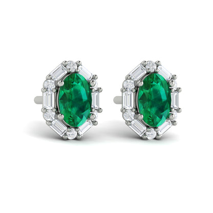 Oval Emerald and Diamond Baguette Earrings