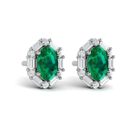 Oval Emerald and Diamond Baguette Earrings