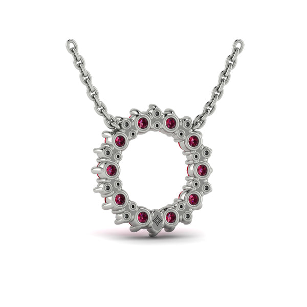 Diamond and Ruby Open Starburst Circle Pendant Necklace