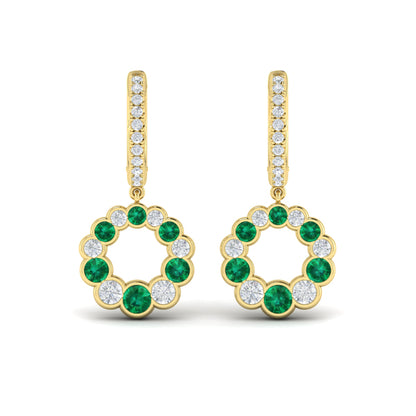 Round Bezel Set Diamond and Emerald Circle Drop Earring