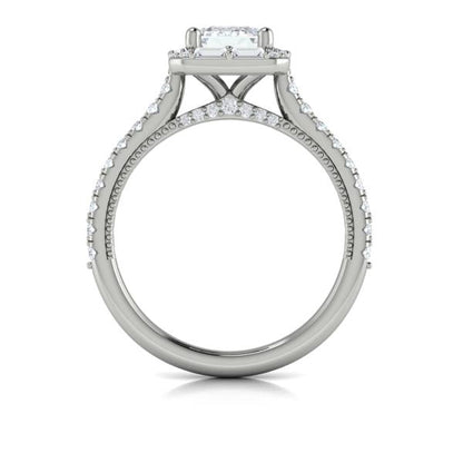 Emerald Cut Halo, Modern Vintage Engagement Ring in Platinum by Vlora Bridal