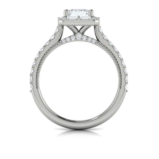 Emerald Cut Halo, Modern Vintage Engagement Ring in Platinum by Vlora Bridal
