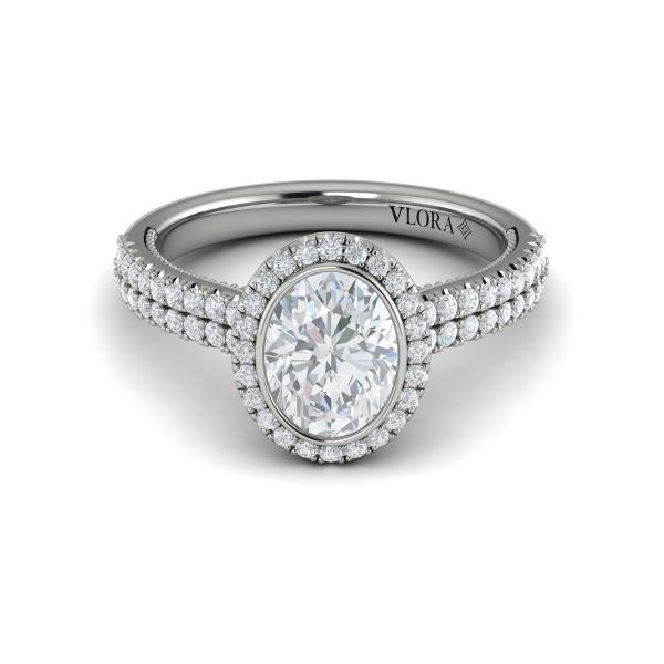 Oval Halo, Bezel, Modern Vintage Engagement Ring in Platinum by Vlora Bridal