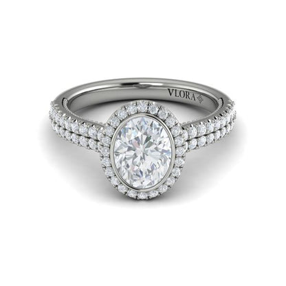 Oval Halo, Bezel, Modern Vintage Engagement Ring in Platinum by Vlora Bridal